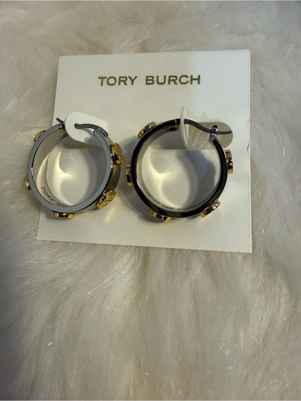 Tory Burch Two-Tone Logo Accent Hoop Earrings - Picture 2 of 4